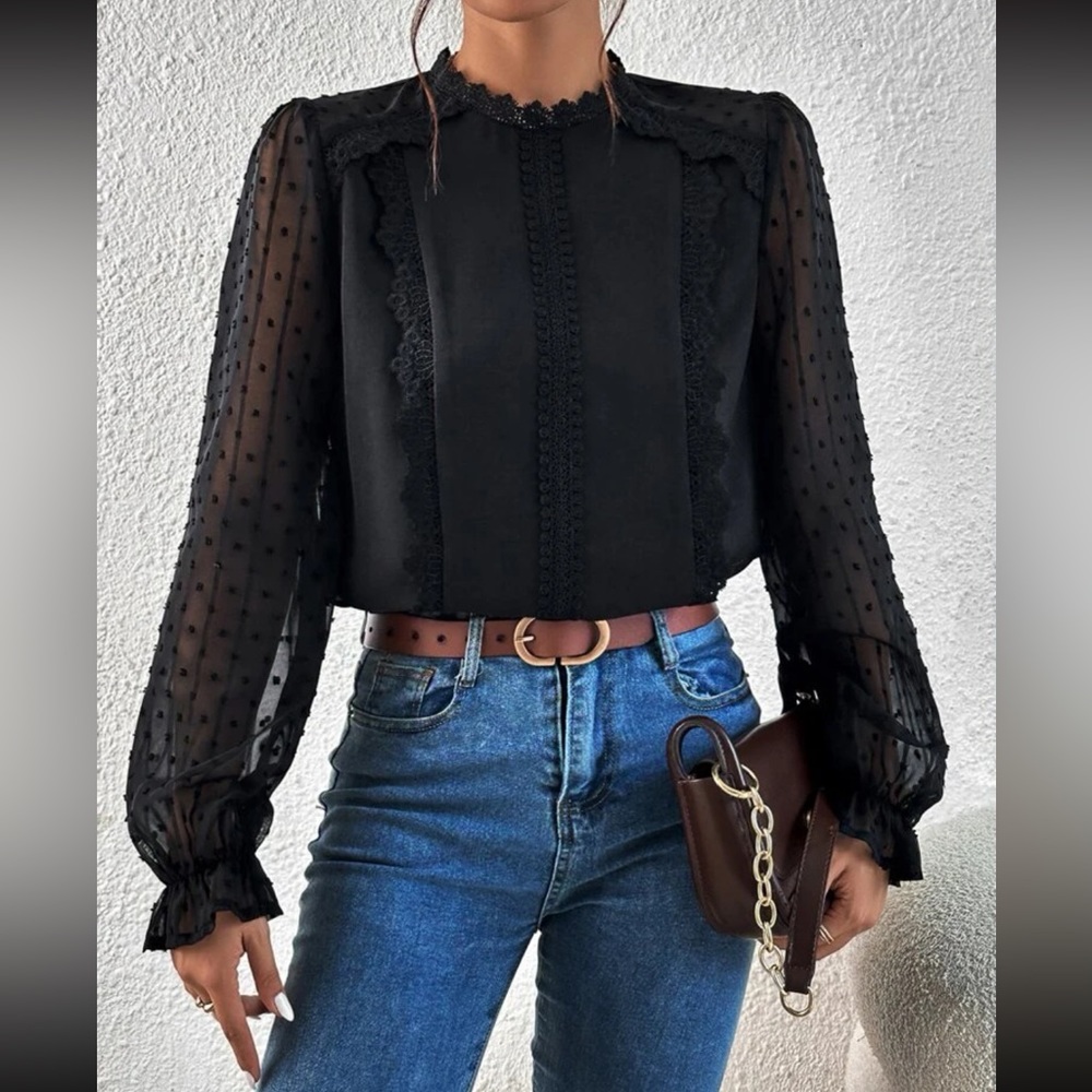 Boho black Swiss dot sheer sleeve top